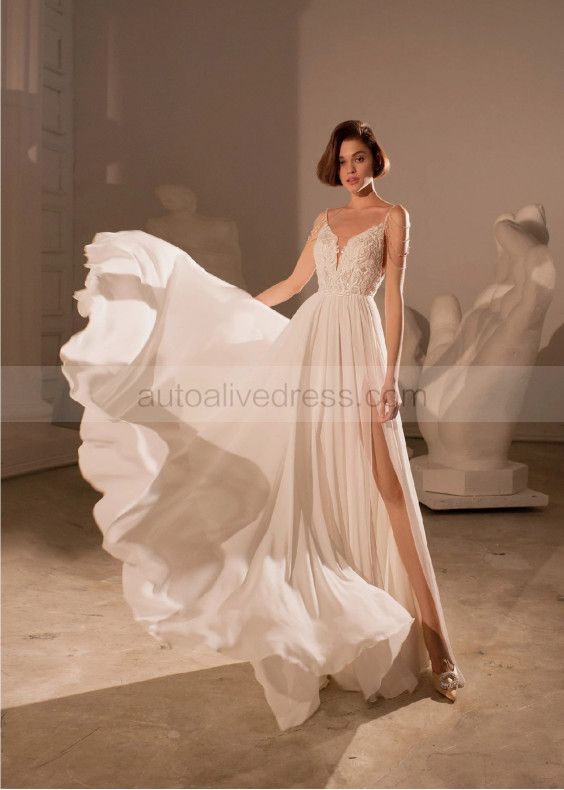 Beaded Ivory Lace Chiffon Slit Summer Wedding Dress